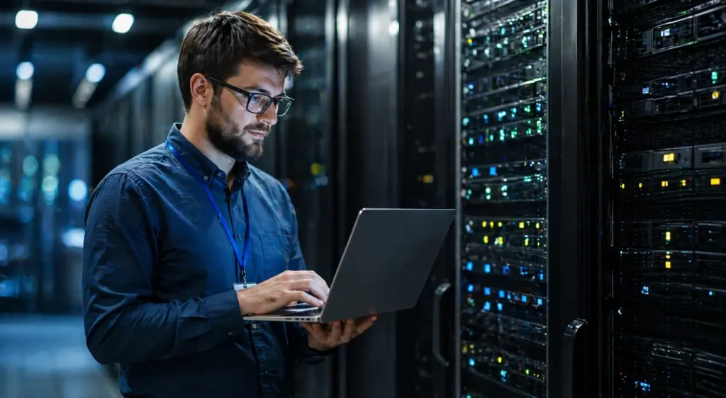 serwerownia mezczyzna z komputerem serwer vps